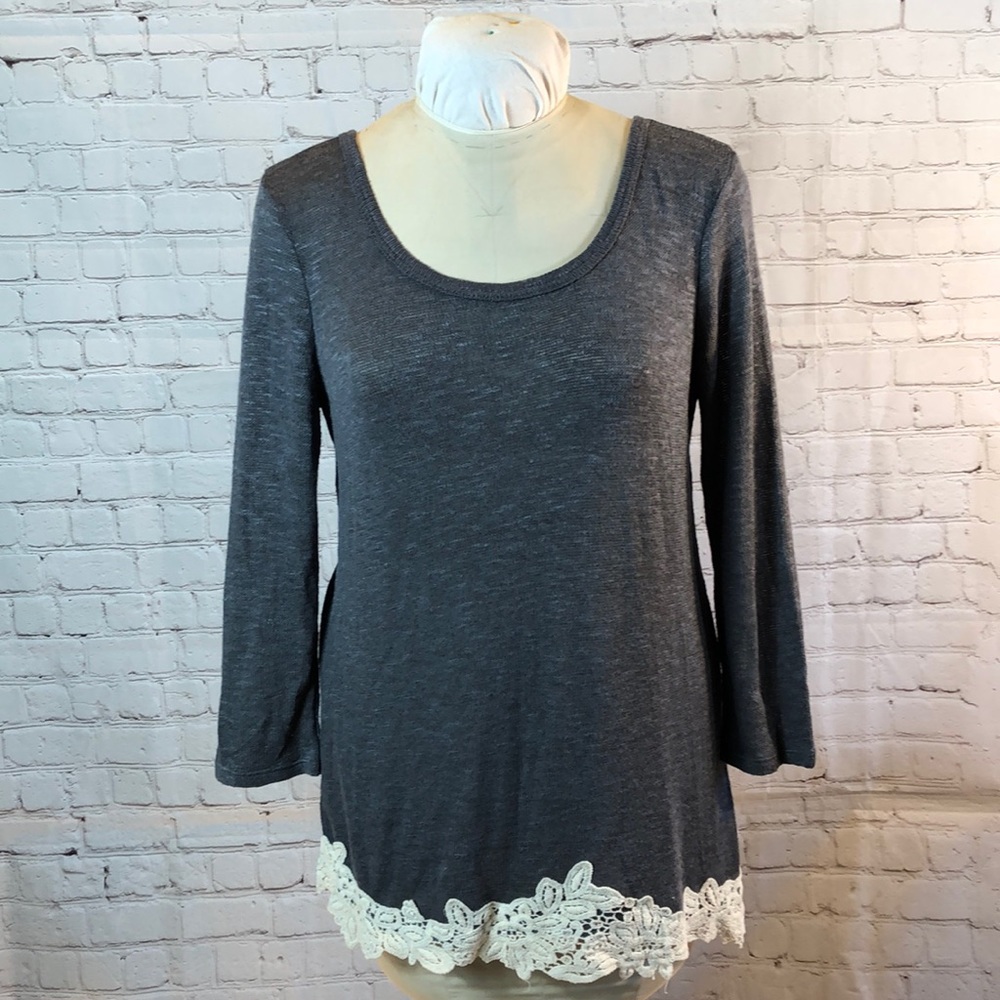 NWT Gray Sweater Scoop Neck Lace Detail at Hem Ties in back